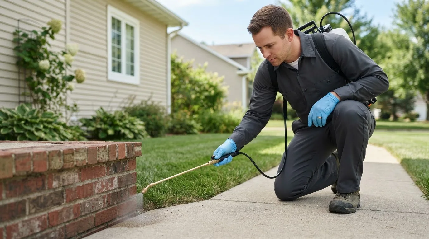 Pest control technician treating a home near Wapanucka, OK